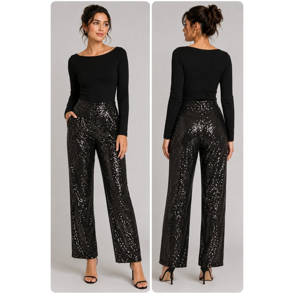 Open Edit Sequin‎ Legging Womens Small Black Holiday Party Ankle Zip Slim Fit